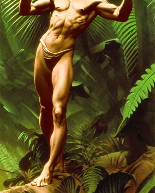 Prompt: doc savage in the jungle, fantasy character portrait, ultra realistic, concept art, intricate details, highly detailed by soft light, volumetric light, misty, william adolphe bouguereau, munch, maxfield parrish, james bama, and frank frazetta