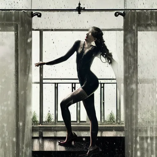 Image similar to a woman, moment, 1 9 3 0 s decopunk penthouse balcony, rain and smoke, tech noir, wet skin, atmospheric, ambient, rupert everton, wlop, alexis flower, hopper, livia prima,