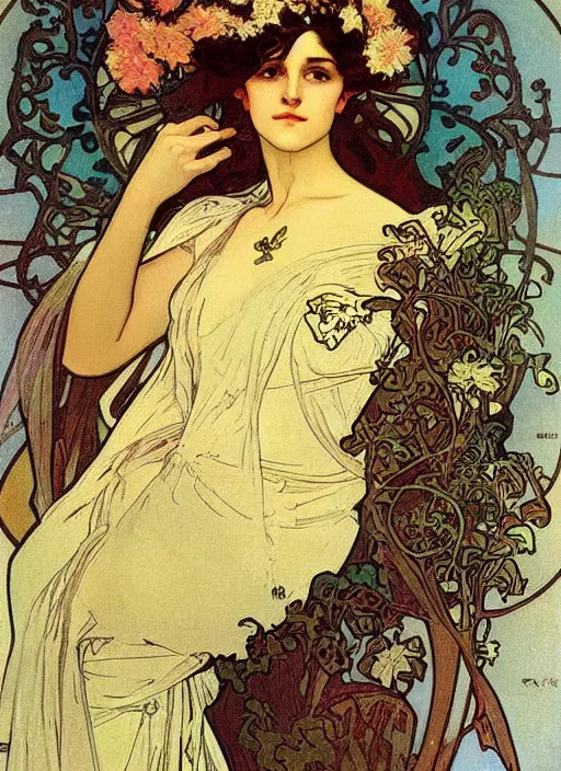 Image similar to a beautiful lady by alphonse mucha, art noveau, detailed