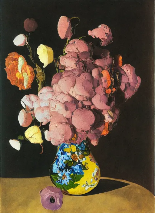 Image similar to a surreal painting of a breakfast still life, vase of flowers, by George Baselitz, symbolist, soft colors, dramatic lighting, smooth, sharp focus, extremely detailed, aesthetically pleasing composition