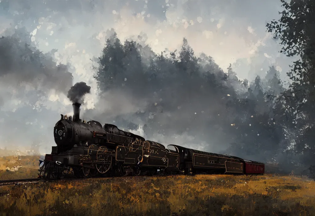 Image similar to a 1 9 th century steam train in a stunning landscape by ismail inceoglu, oil on canvas big brushstrokes, line art, winning - award masterpiece, fantastic, octane render, 8 k hd resolution, high quality image