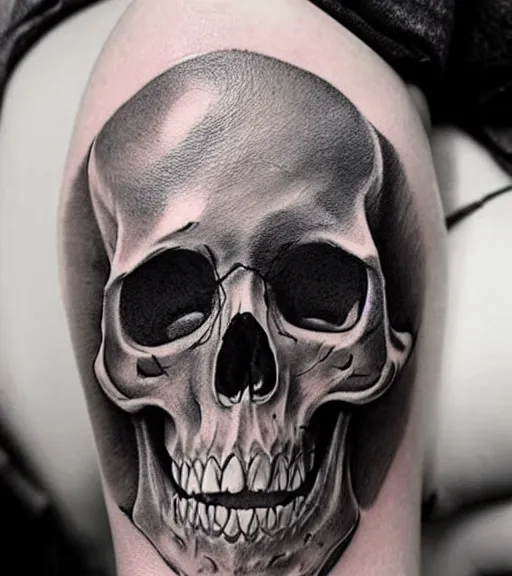 Prompt: a beautiful tattoo design with a creative skull, in the style of den yakovlev, hyper realistic, black and white, realism, highly detailed