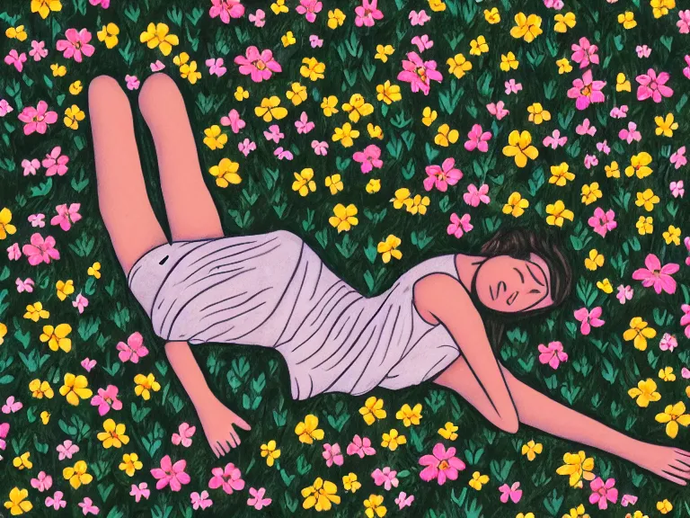 Image similar to drawing of girl laying down in the lawn full of flowers that smells like honey amongst forest with her soul connected to the nature around her