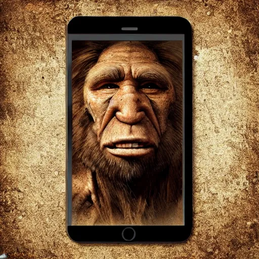 Image similar to neanderthal with a smartphone, realistic, history, old, rustic