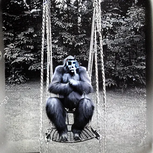 Image similar to 1 9 5 0 s polaroid photo of gorilla sitting on swing in playground,