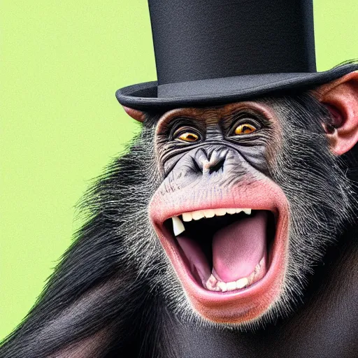 Prompt: a hyperrealistic portrait of a laughing chimpanzee, with a top hat. photorealistic, highly detailed