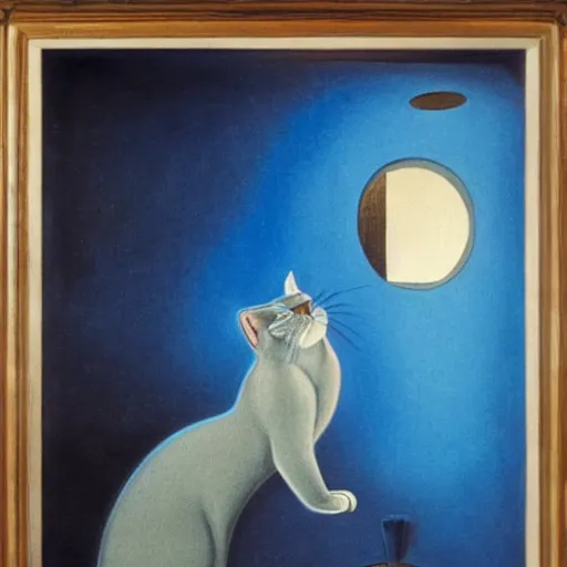 Prompt: The blue cat looking out of the window at night , Dali style