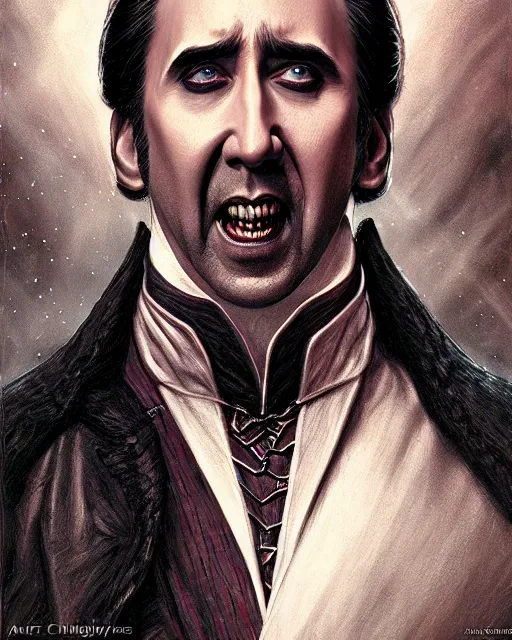 Prompt: nicolas cage as dracula, demonic, highly detailed, centered, artstation, concept art, smooth, sharp focus, illustration, bokeh art by artgerm and donato giancola and joseph christian leyendecker