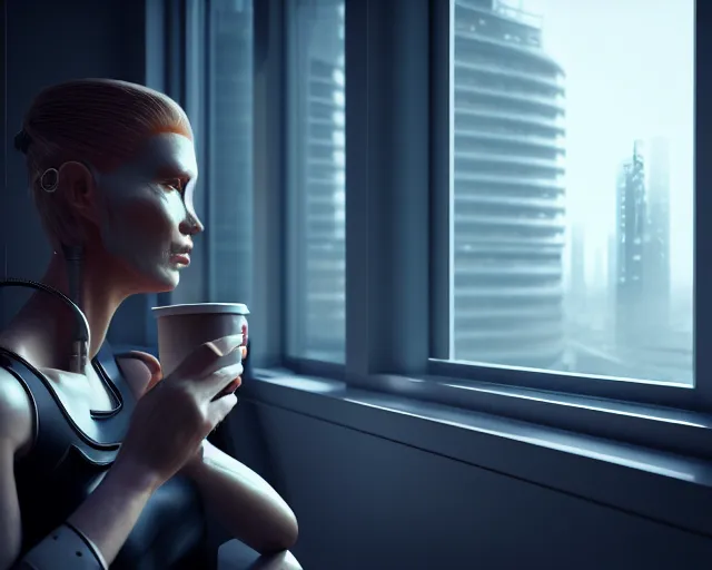 Image similar to a soft photo of a lifelike terminator cyborg lady with borg implants and optical fibers is drinking coffee near a window with dystopian city visible outside. very detailed 8 k. cyberpunk style. unreal engine render. global illumination. nanite. rtx. path tracing.