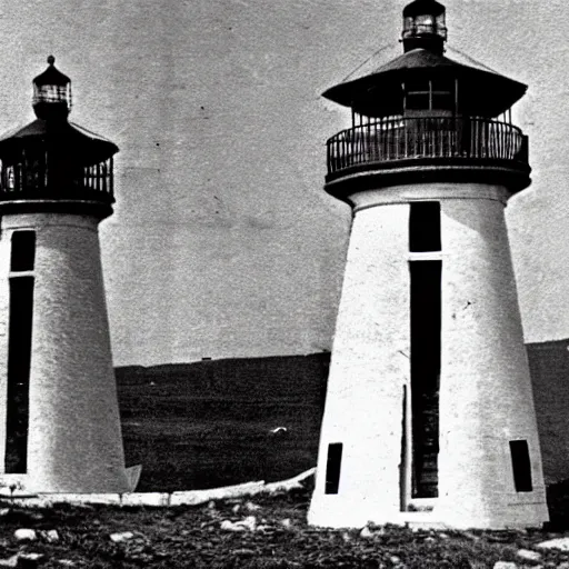 Image similar to worshippers dressed in robes belonging to the cult of the lighthouse. Dilapidated 1800s lighthouse. Unnaturally tall lighthouse. Beacons of light. 1800s photo.