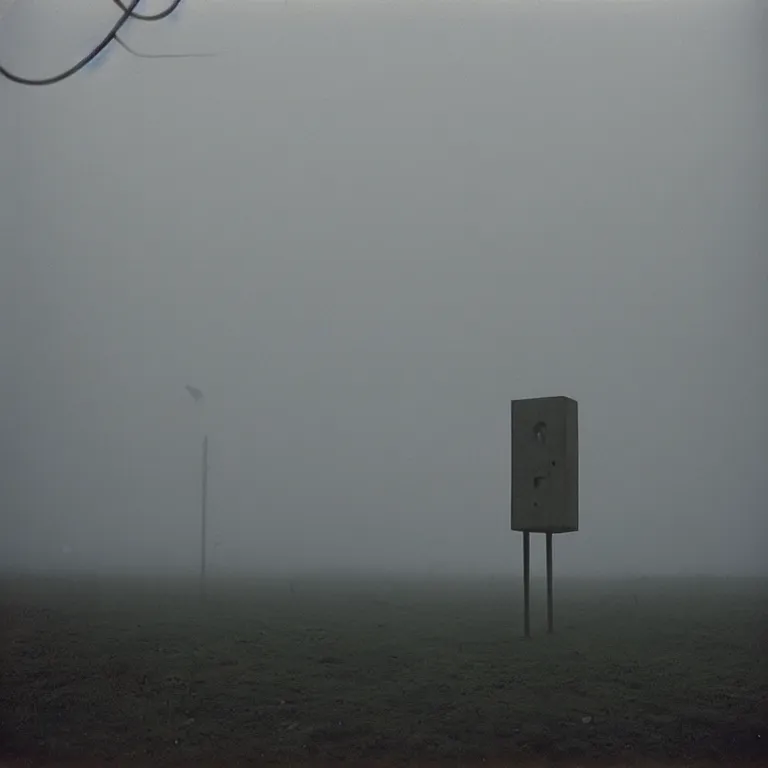 Image similar to a sole angular lanky liminal observer droid, in a brutalist yet rural landscape by simon stalenhag, 3 5 mm film photography, dawn, eerie fog