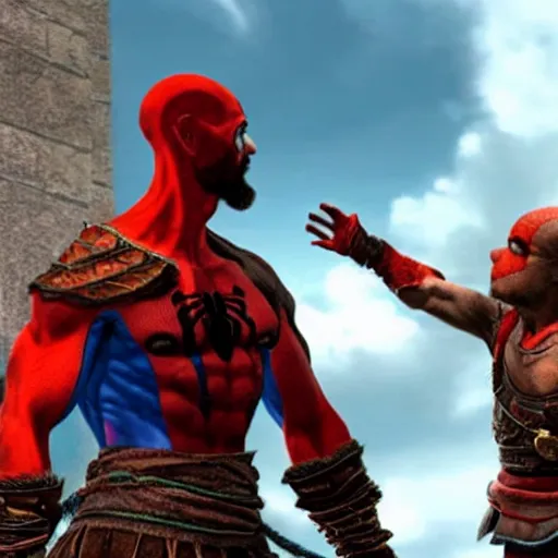 Image similar to kratos from god of war giving a high five to spiderman