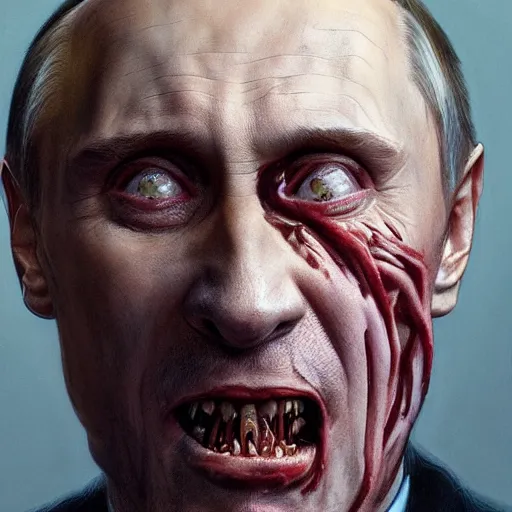 Image similar to a portrait of vladimir putin, flesh eating worms, macabre, horror rotten teeth, by donato giancola and greg rutkowski, wayne barlow, realistic face, visible face, digital art, artstation, symmetry