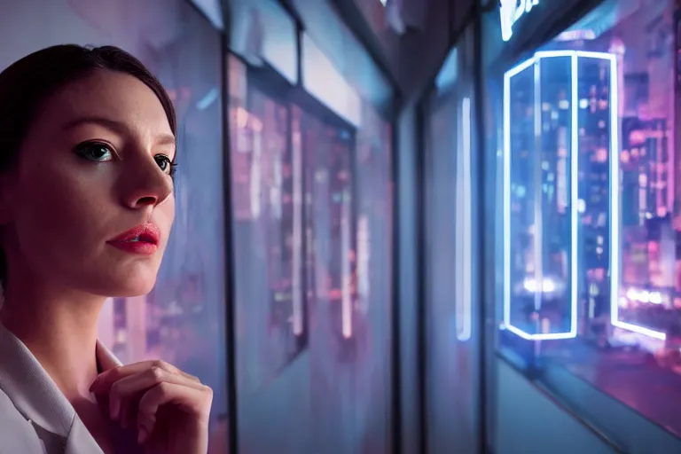 Prompt: cinematography closeup portrait of a cyborg business woman in a cyberpunk apartment, neon lighting, night, by Emmanuel Lubezki