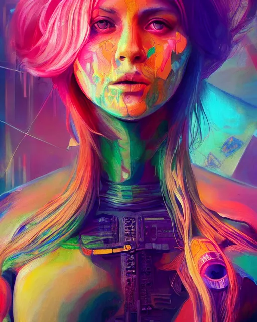 Prompt: colorful portrait of a female hippie, but set in the future 2 1 5 0 | highly detailed | very intricate | symmetrical | professional model | cinematic lighting | award - winning | painted by mandy jurgens | pan futurism, dystopian, bold psychedelic colors, cyberpunk, anime aesthestic | featured on artstation