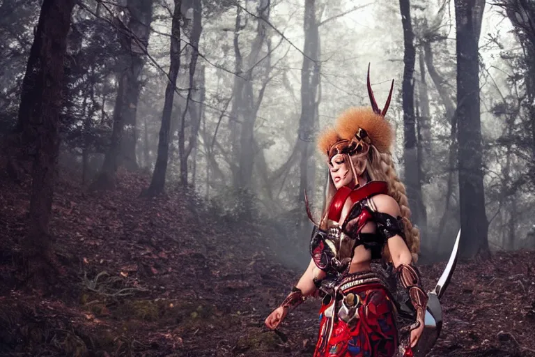 Image similar to vfx movie scene closeup nomad cyborg warrior viking geisha in a smoldering forest. by emmanuel lubezki