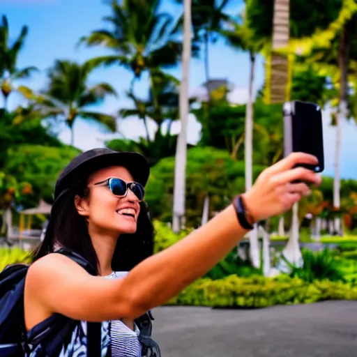 Image similar to A tourist taking a selfie at a tourist resort in Hawaii