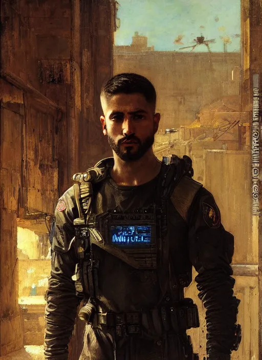 Image similar to arthur cyberpunk USN marine wearing a military vest and military jumpsuit (cyberpunk 2077, bladerunner 2049). Iranian orientalist portrait by john william waterhouse and Edwin Longsden Long and Theodore Ralli and Nasreddine Dinet, oil on canvas. Cinematic, hyper realism, realistic proportions, dramatic lighting, high detail 4k