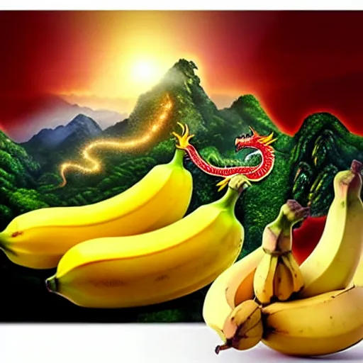 Image similar to Chinese president with bananas, battle with dragon, mountains background, fantasy art