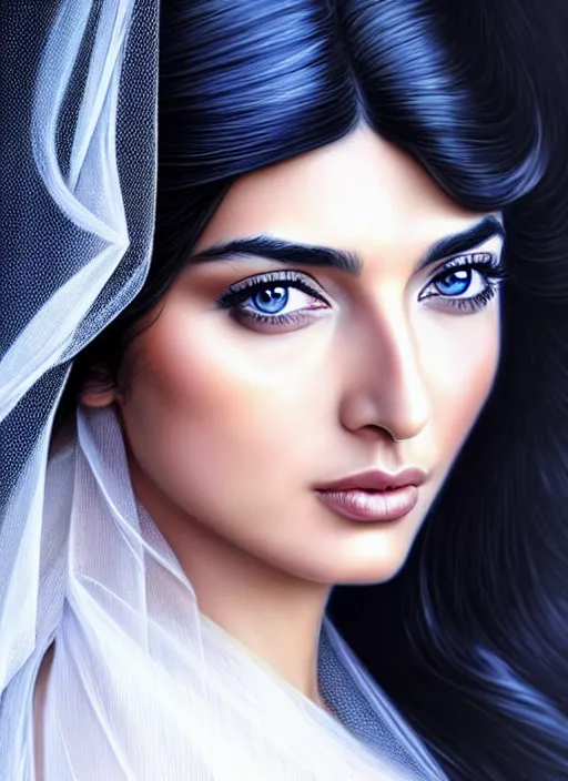 Prompt: beautiful ameera al taweel, blue eyes, long wavy black hair, transparent white veil, front, in the style of stefan kostic, realistic, sharp focus, 8k high definition, insanely detailed, intricate, elegant, art by stanley lau and artgerm