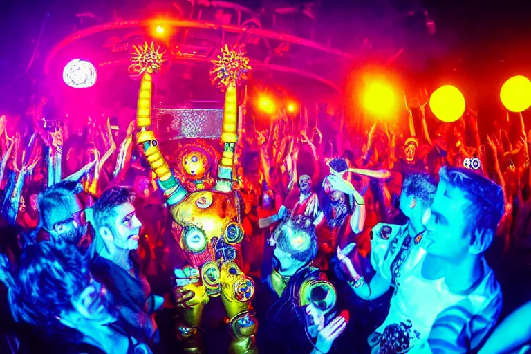 Prompt: scene is elrow party in amnesia in ibiza, portrait photo of a stagediving giant huge golden and blue metal steampunk robot, with gears and tubes, eyes are glowing red lightbulbs, audience selfie, shiny crisp finish, 3 d render, 8 k, insaneley detailed, fluorescent colors, haluzinogetic, background is multicolored lasershow