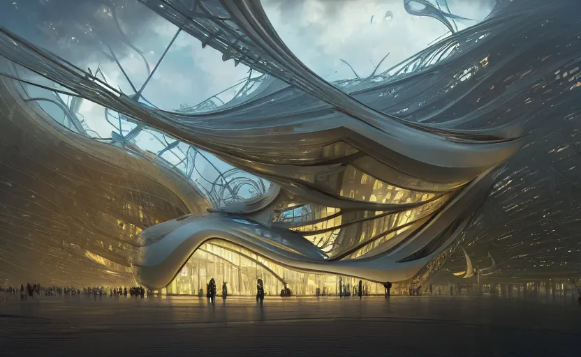 Image similar to exterior shot of utopian architecture transparent building with cinematic lighting by zaha hadid and renzo piano, darek zabrocki and greg ruthkowski, alphonse mucha, simon stalenhag, cinematic, stars, beautiful, holy place, paradise, scifi, futurism, atmospheric, concept art, artstation, trending on artstation