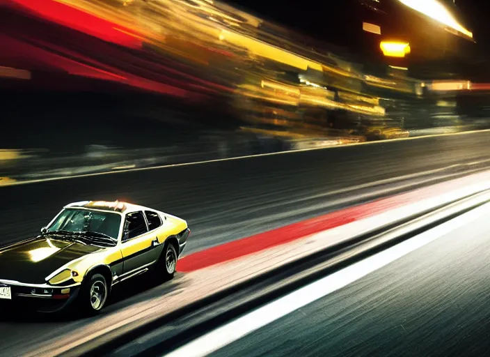 Prompt: Datsun 240z Nissan S30 Fairlady Z racing down high way night time japan film photo motion blur front side view ((((Wadim Kashin Wenjun Lin))))