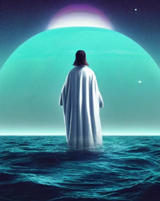 Image similar to a person wearing a white cloak standing in the water. a large planet is overhead. an album cover by stanley twardowicz, trending on cg society, retrofuturism, retrowave, chillwave, synthwave