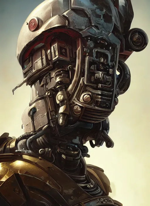 Image similar to hyper realistic portrait of warhammer android machine symmetric cinematic, chaos marine, artstation, cgsociety, full head, greg rutkowski, james gurney, mignola, craig mullins, brom