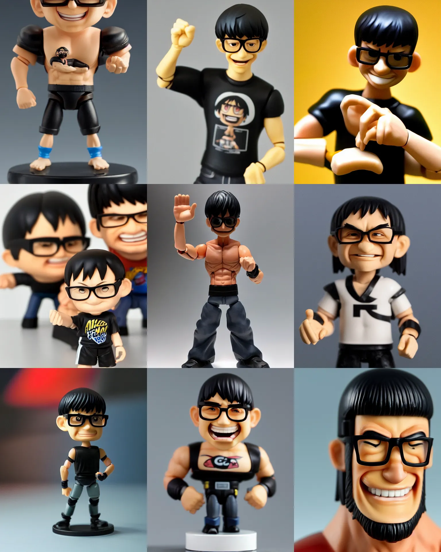 Prompt: wide plastic action figure of a buff smiling streamer with long stubble, muscular neck, rectangular square shaped glasses and a black bowl cut, wearing a black tshirt, dramatic light, shallow depth of field, blur, out - of - focus background, by kim jung gi, ric estrada, ron english and eiichiro oda