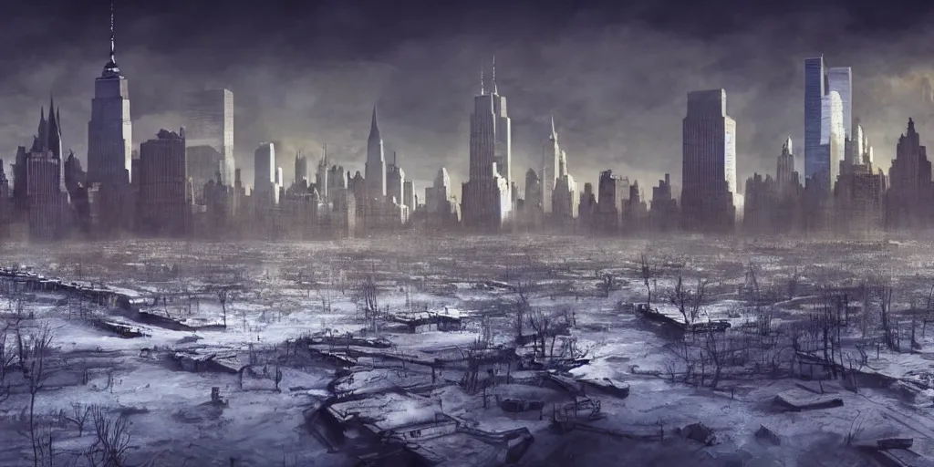 Image similar to nuclear winter, new york city, near future, fantasy, sci - fi, hyper realistic, serene.