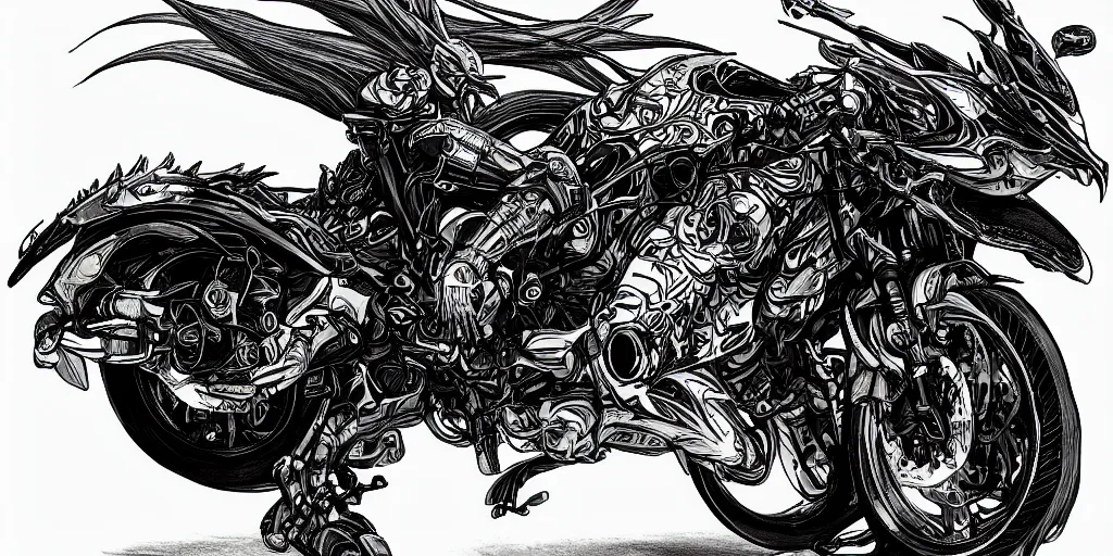 Image similar to dragon motorcycle, black and white, trending on artstation