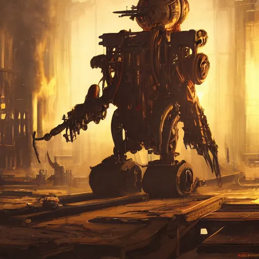 Image similar to adeptus mechanicus techpriest at a forge, by cedric peyravernay and feng zhu, highly detailed, excellent composition, cinematic concept art, dramatic lighting, trending on artstation