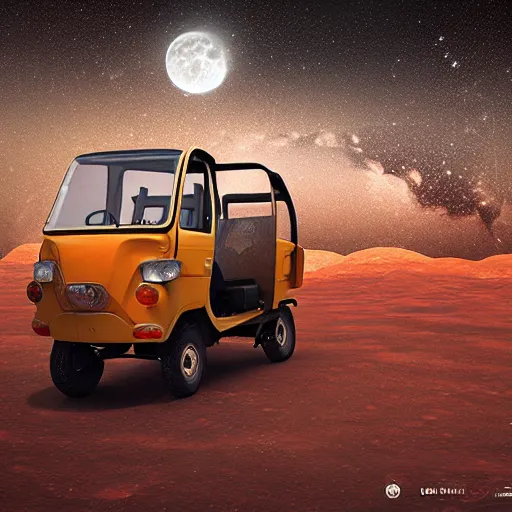 Image similar to a bajaj tuk tuk traveling on the surface of the moon, moon craters, night sky, milky way, hard lighting, matte painting, concept art, 4k