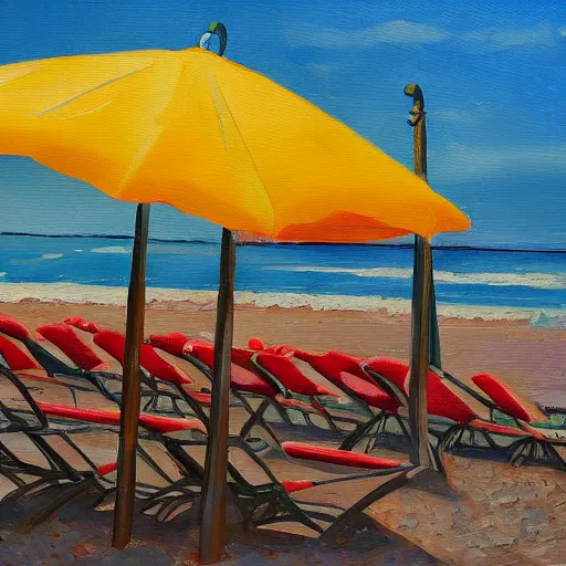 Image similar to an italian beach full of umbrellas and sun chairs, oil painting