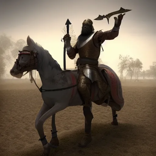 Image similar to middle eastern warrior on his horse the guy is holding a strong heavy sword the weather is foggy and the ground is muddy the horse have a heavy armour on his body photo - realistic unreal engine 5