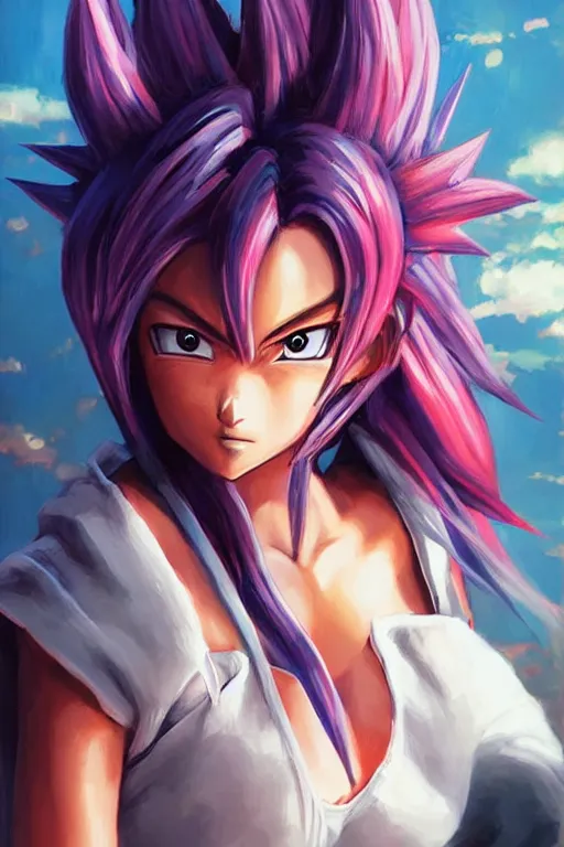 Image similar to kawaii female version of goku, painting by WLOP and artgerm