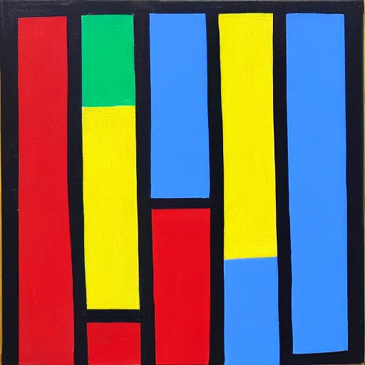 Image similar to painting, four rectangle and one triangle shapes ( colors : blue, yellow, green ), divided by black lines