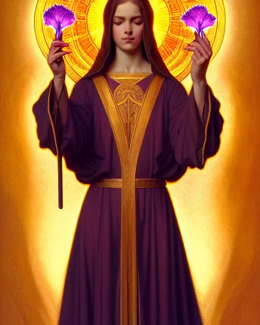 Prompt: symmetry portrait of saint germain holding a violet flame, intricate, elegant, highly detailed, digital painting, artstation, concept art, smooth, sharp focus, illustration, art by artgerm and greg rutkowski and fra angelico and alphons mucha