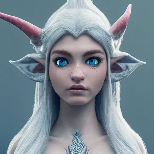 Image similar to a highly detailed elf in full length, with white long hair, white clothes, bright blue eyes, artstation, DeviantArt, professional, octane render