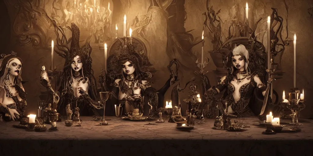 Image similar to dark witches sitting at a table doing a ritual. Ornate details, award winning. Octane render, 4k, 8k, unreal 5, very detailed, hyper control-realism, trending on artstation.”