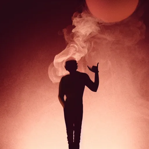 Prompt: man made of smoke in the style of no known artist stands on a red rubber ball, octane render, dramatic lighting, cinematic