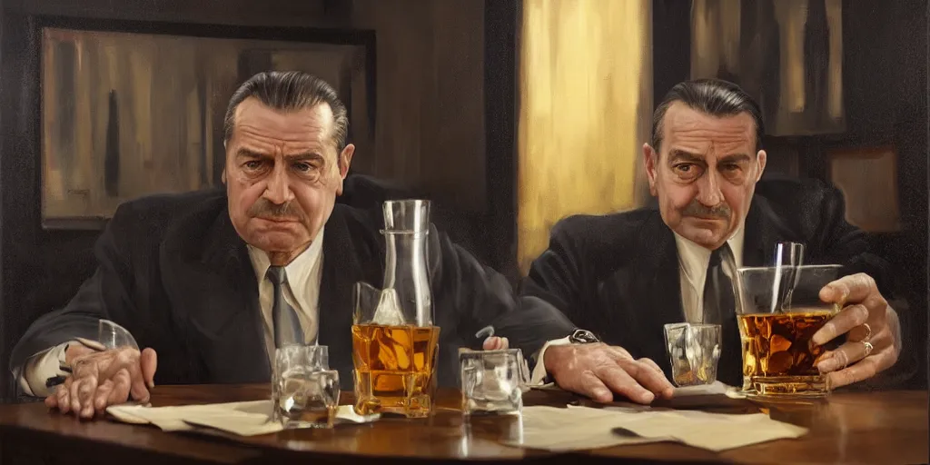 Prompt: beautiful oil matte portrait painting, mafia boss holding a glass of whiskey at his 5 0 s new york office desk, wonderful masterpiece highly detailed, beautiful cinematic light deep focus, elegant, digital painting, smooth, sharp focus, golden ratio, dramatic illumination, ultra realistic, 8 k, art by jimmy law