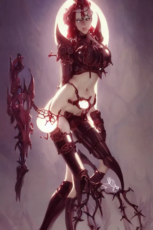 Prompt: Portrait of beautiful pale smiling cyborg succubus anime maiden in bikini armor with crown of thorns and glowing red eyes, steampunc, digital art from artstation by Ruan Jia and Mandy Jurgens and Artgerm and william-adolphe bouguereau