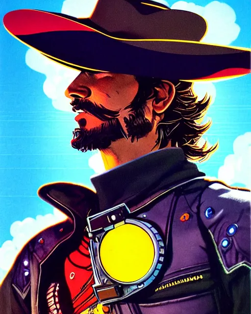 Image similar to mccree from overwatch, cyber space cowboy, outter space, character portrait, portrait, close up, concept art, intricate details, highly detailed, vintage sci - fi poster, retro future, vintage sci - fi art, in the style of chris foss, rodger dean, moebius, michael whelan, and gustave dore