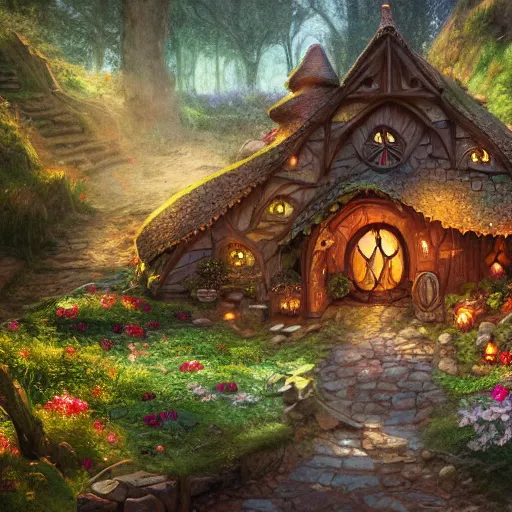 Image similar to a medieval hobbit house made of colorful crystal, ornate, beautiful, atmosphere, vibe, flowers, concept art illustration, color page, 4 k, tone mapping, doll, akihiko yoshida, james jean, andrei riabovitchev, marc simonetti, yoshitaka amano, digital illustration, greg rutowski, volumetric lighting, sunbeams, particles