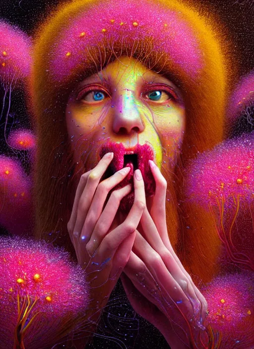 Image similar to hyper detailed 3d render like a Oil painting - Aurora (Singer) seen joyfully Eating of the Strangling network of yellowcake aerochrome and milky Fruit and Her delicate Hands hold of gossamer polyp blossoms bring iridescent fungal flowers whose spores black the foolish stars to her kawaii mouth by Jacek Yerka, Mariusz Lewandowski, Houdini algorithmic generative render, Abstract brush strokes, Masterpiece, Edward Hopper and James Gilleard, Zdzislaw Beksinski, Mark Ryden, Wolfgang Lettl, hints of Yayoi Kasuma, octane render, 8k