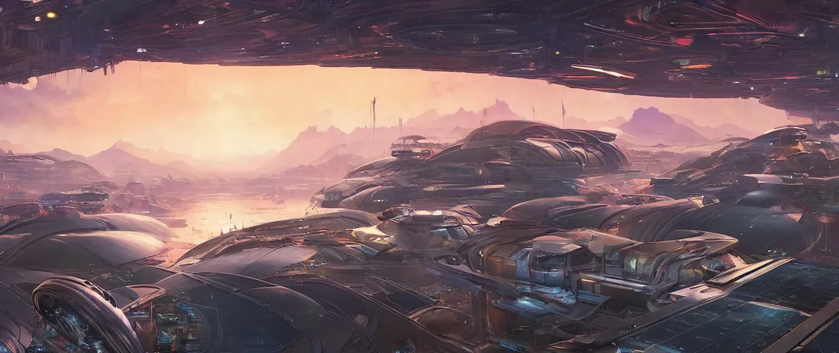 Prompt: a massive scale futurism solarpunk shopping center on elevated platforms over a valley on another world with aringed planet on the horizon by robert mccall and john berkey | ralph mcquarrie :. 5 | unreal engine :. 3