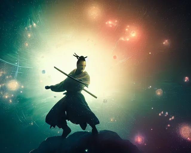 Prompt: a graceful samurai made of a illuminated star chart running through a space nebula by greg rutkowski, high key lighting, volumetric light, digital art, highly detailed, fine detail, intricate, ornate, complex, octane render, unreal engine, photorealistic