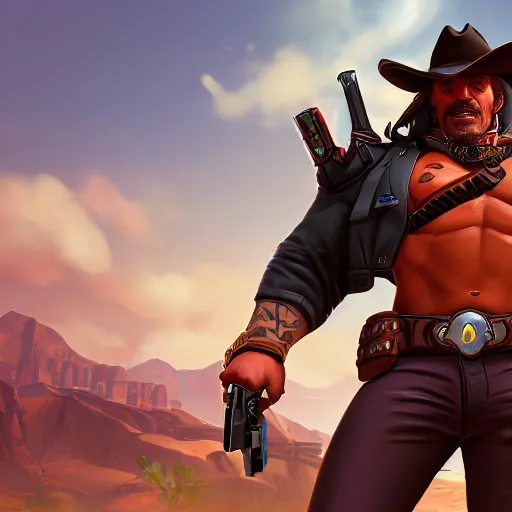 Prompt: a screenshot of arnold schwarzenegger as mccree in overwatch, portrait, fantasy, beautiful face, vivid colors, elegant, concept art, sharp focus, digital art, hyper - realistic, 4 k, unreal engine, highly detailed, hd, dramatic lighting by brom, trending on artstation